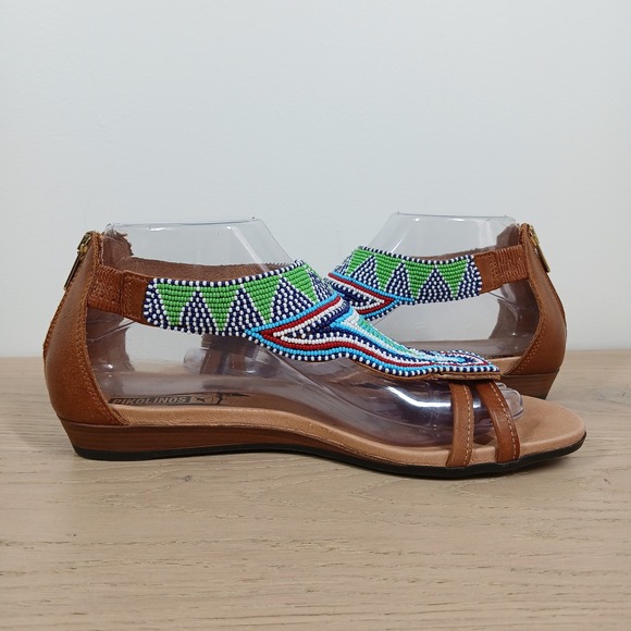 Pikolinos Sandals Women 9 Boho Beaded Leather Strappy Wedge Festival Bohemian - Picture 2 of 10